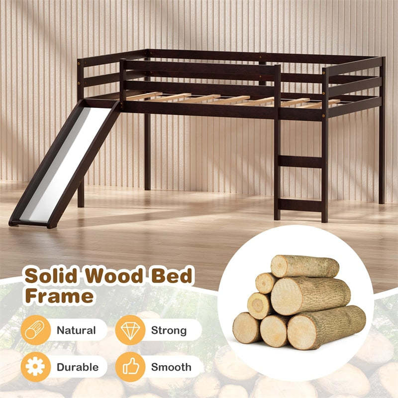 Twin Loft Bed with Slide, Solid Wood Low Loft Bed Twin Loft Bed Frame with Climbing Ladder & Guardrail, Twin Kids Bed for Girls Boys