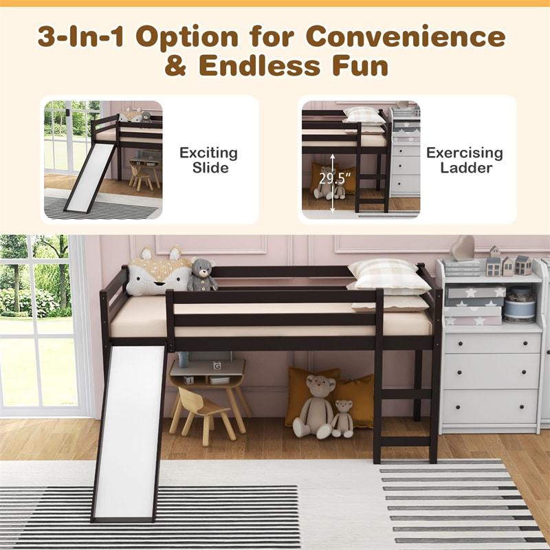Twin Loft Bed with Slide, Solid Wood Low Loft Bed Twin Loft Bed Frame with Climbing Ladder & Guardrail, Twin Kids Bed for Girls Boys