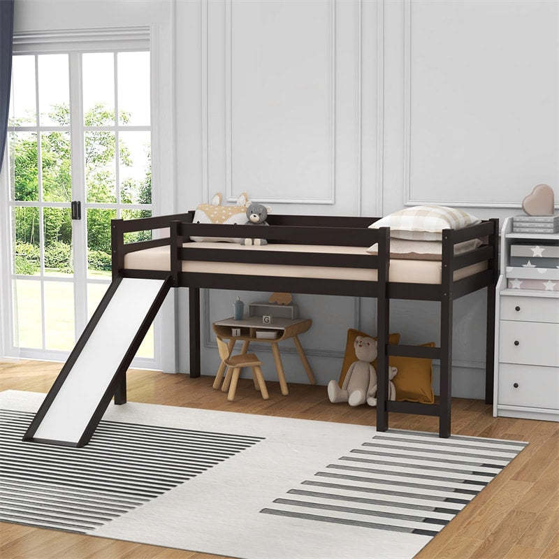 Twin Loft Bed with Slide, Solid Wood Low Loft Bed Twin Loft Bed Frame with Climbing Ladder & Guardrail, Twin Kids Bed for Girls Boys