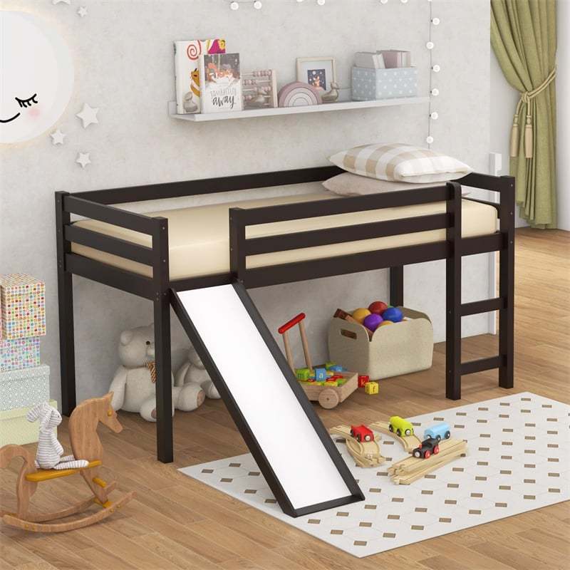 Twin Loft Bed with Slide, Solid Wood Low Loft Bed Twin Loft Bed Frame with Climbing Ladder & Guardrail, Twin Kids Bed for Girls Boys