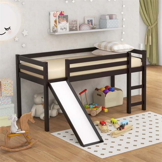 Twin Loft Bed with Slide, Solid Wood Low Loft Bed Twin Loft Bed Frame with Climbing Ladder & Guardrail, Twin Kids Bed for Girls Boys