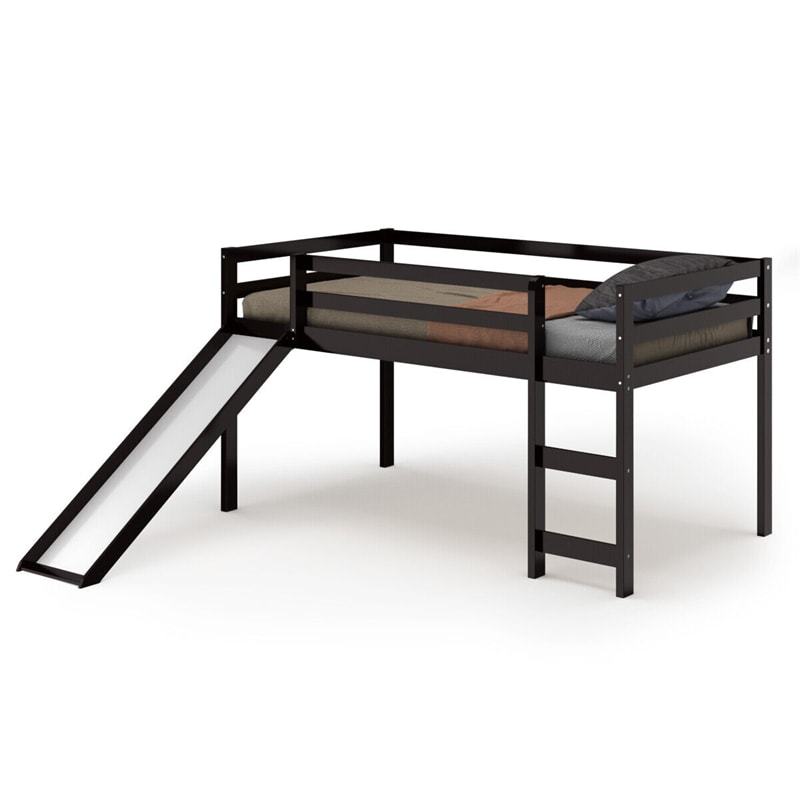 Twin Loft Bed with Slide, Solid Wood Low Loft Bed Twin Loft Bed Frame with Climbing Ladder & Guardrail, Twin Kids Bed for Girls Boys