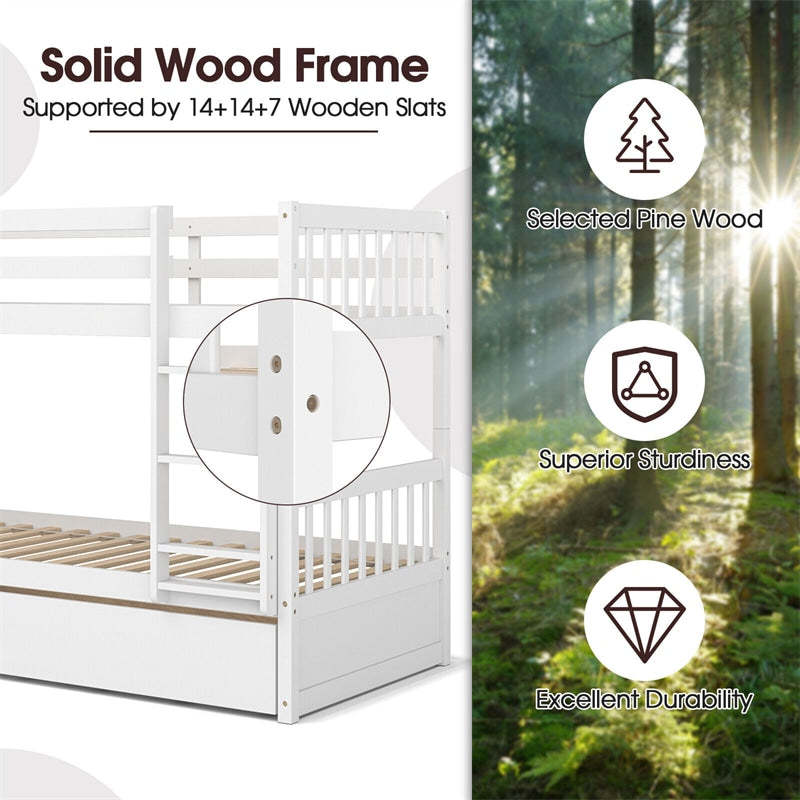 Twin Over Twin Bunk Bed with Twin Trundle, Solid Wood Platform Bed Frame Space-Saving Convertible Bunk Bed with Ladder for Teens & Adults