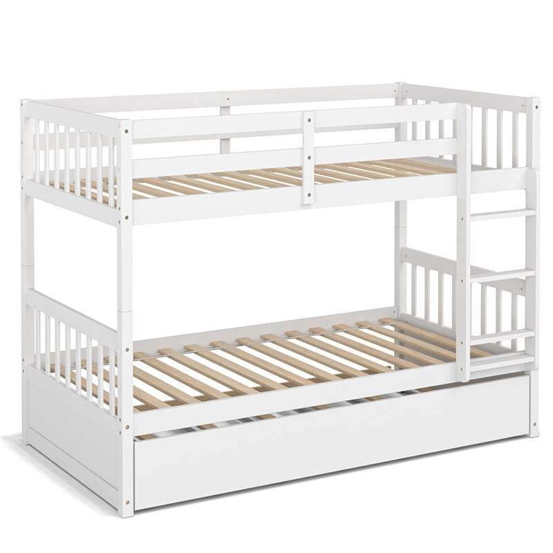 Twin Over Twin Bunk Bed with Twin Trundle, Solid Wood Platform Bed Frame Space-Saving Convertible Bunk Bed with Ladder for Teens & Adults