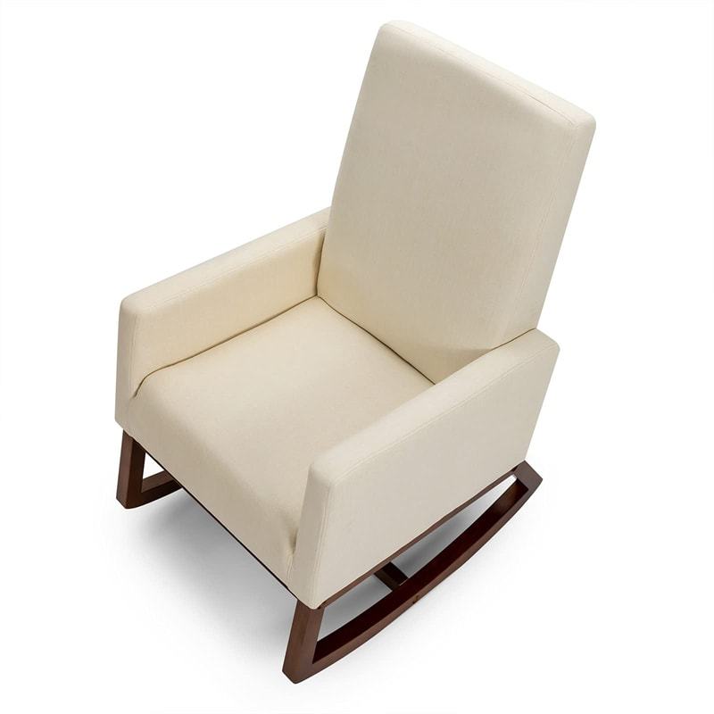 Upholstered Rocking Chair, Mid-Century Modern Fabric Rocker with Wood Base & Side Pocket, High Back Accent Chair for Nursery, Living Room