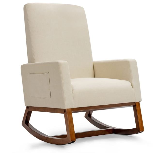Upholstered Rocking Chair, Mid-Century Modern Fabric Rocker with Wood Base & Side Pocket, High Back Accent Chair for Nursery, Living Room
