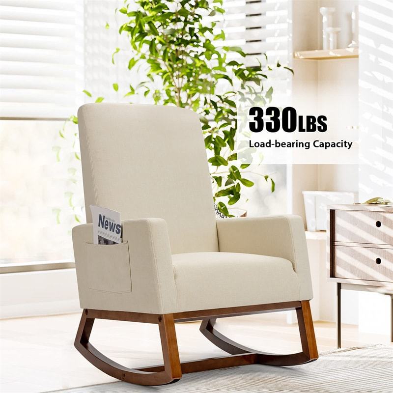 Upholstered Rocking Chair, Mid-Century Modern Fabric Rocker with Wood Base & Side Pocket, High Back Accent Chair for Nursery, Living Room