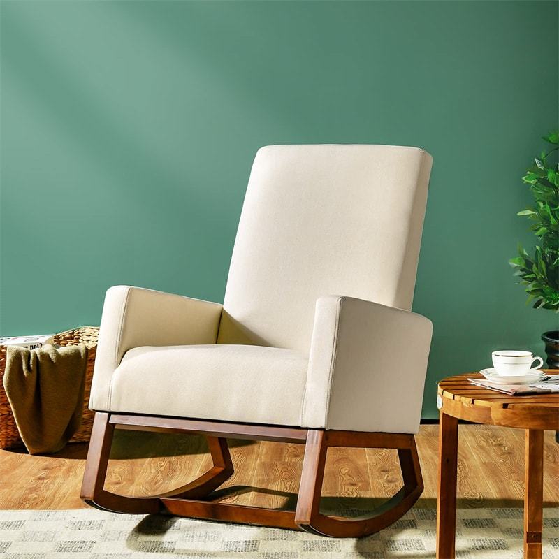 Upholstered Rocking Chair, Mid-Century Modern Fabric Rocker with Wood Base & Side Pocket, High Back Accent Chair for Nursery, Living Room