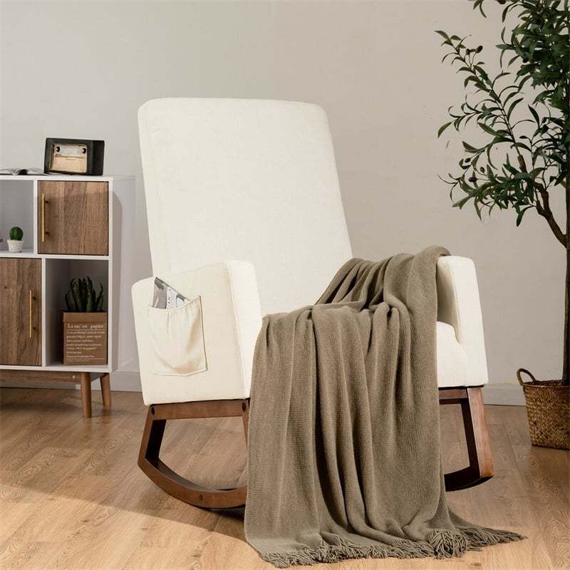 Upholstered Rocking Chair, Mid-Century Modern Fabric Rocker with Wood Base & Side Pocket, High Back Accent Chair for Nursery, Living Room