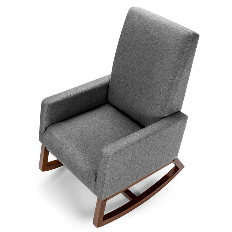 Upholstered Rocking Chair, Mid-Century Modern Fabric Rocker with Wood Base & Side Pocket, High Back Accent Chair for Nursery, Living Room