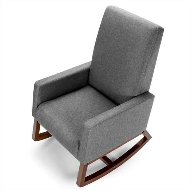 Upholstered Rocking Chair, Mid-Century Modern Fabric Rocker with Wood Base & Side Pocket, High Back Accent Chair for Nursery, Living Room