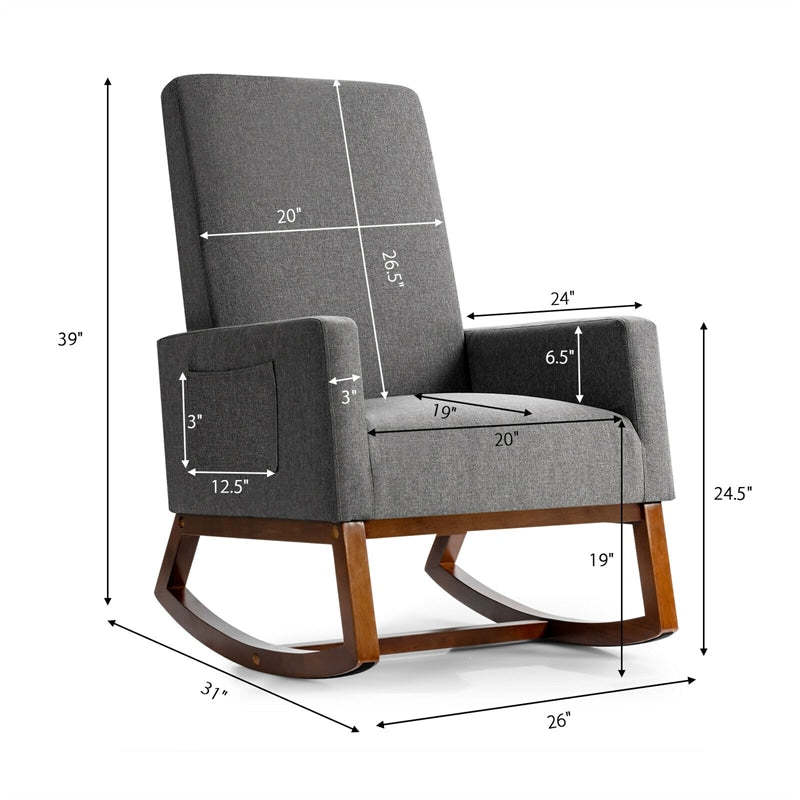 Upholstered Rocking Chair, Mid-Century Modern Fabric Rocker with Wood Base & Side Pocket, High Back Accent Chair for Nursery, Living Room