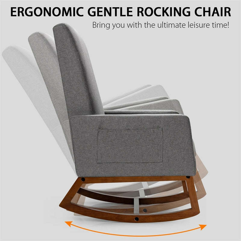 Upholstered Rocking Chair, Mid-Century Modern Fabric Rocker with Wood Base & Side Pocket, High Back Accent Chair for Nursery, Living Room