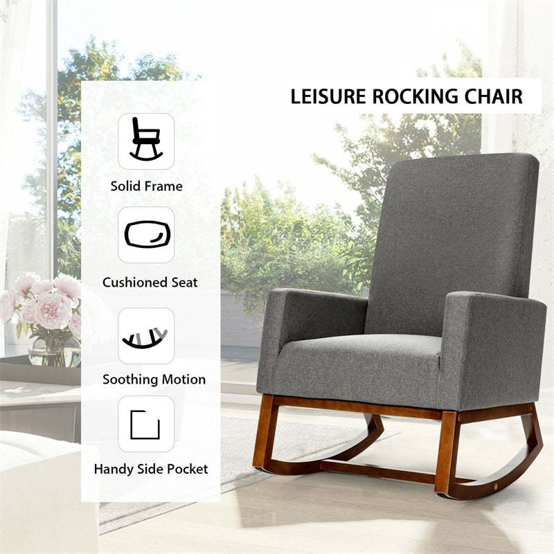 Upholstered Rocking Chair, Mid-Century Modern Fabric Rocker with Wood Base & Side Pocket, High Back Accent Chair for Nursery, Living Room