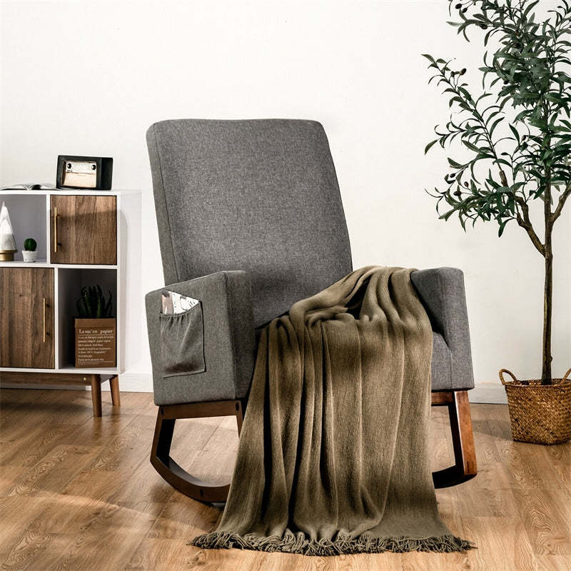 Upholstered Rocking Chair, Mid-Century Modern Fabric Rocker with Wood Base & Side Pocket, High Back Accent Chair for Nursery, Living Room
