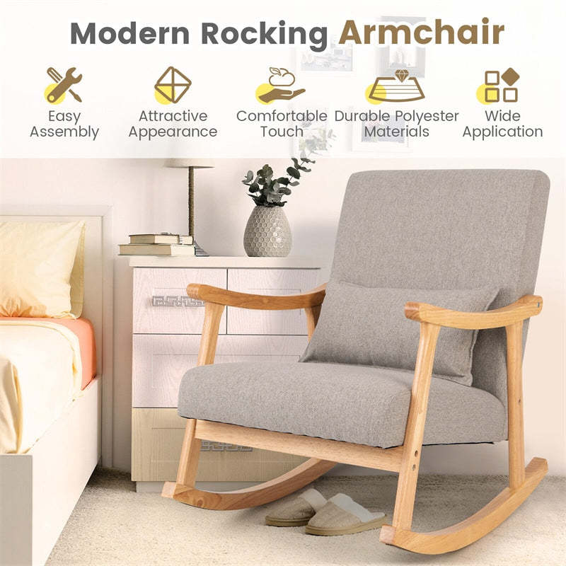Upholstered Rocking Chair with Rubber Wood Frame, Lumbar Pillow, Padded Seat & Backrest, Modern Rocker for Living Room, Bedroom, Nursery, Office