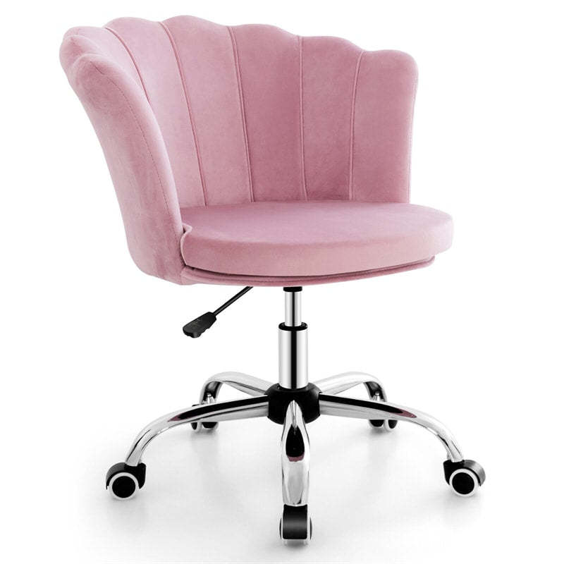 Pink Velvet Home Office Chair Swivel Shell Back Desk Chair with Wheels, Adjustable Task Chair Seashell Vanity Chair for Girls Women Bedroom