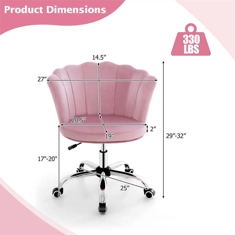 Pink Velvet Home Office Chair Swivel Shell Back Desk Chair with Wheels, Adjustable Task Chair Seashell Vanity Chair for Girls Women Bedroom