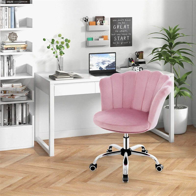 Pink Velvet Home Office Chair Swivel Shell Back Desk Chair with Wheels, Adjustable Task Chair Seashell Vanity Chair for Girls Women Bedroom