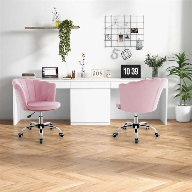 Pink Velvet Home Office Chair Swivel Shell Back Desk Chair with Wheels, Adjustable Task Chair Seashell Vanity Chair for Girls Women Bedroom