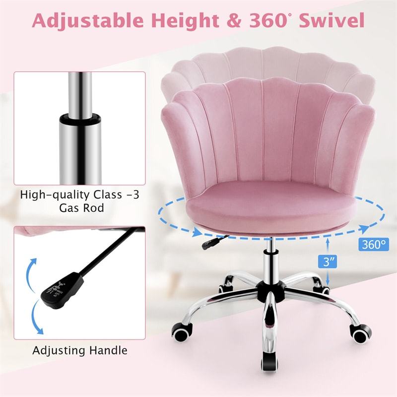 Pink Velvet Home Office Chair Swivel Shell Back Desk Chair with Wheels, Adjustable Task Chair Seashell Vanity Chair for Girls Women Bedroom