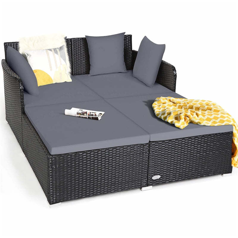 Patio Rattan Daybed Wicker Outdoor Double Chaise Lounge with Cushions & Pillows, Sectional Sofa Double Sun Lounger with Spacious Seat