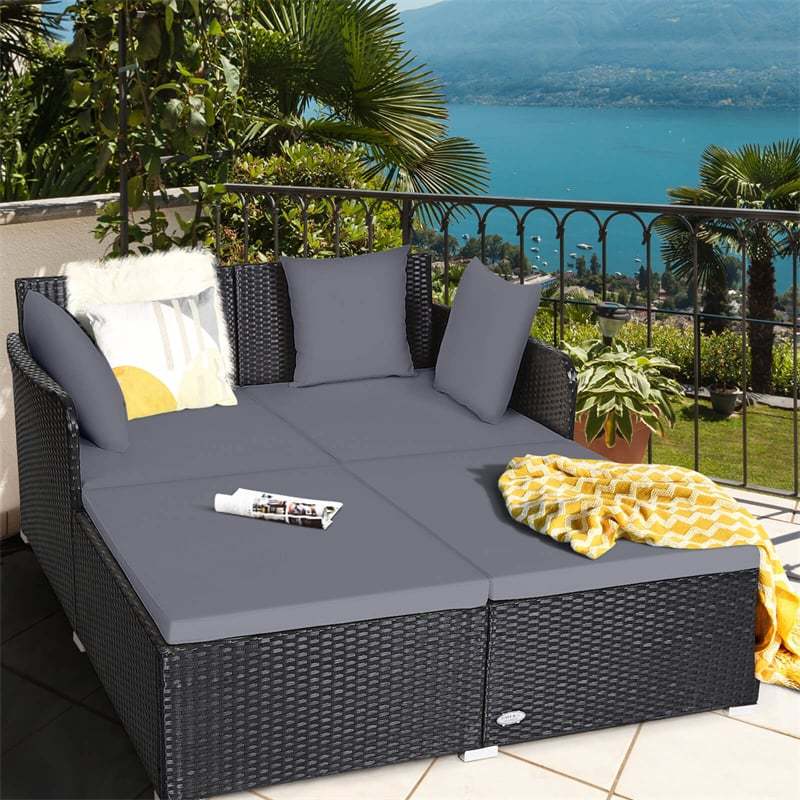 Patio Rattan Daybed Wicker Outdoor Double Chaise Lounge with Cushions & Pillows, Sectional Sofa Double Sun Lounger with Spacious Seat