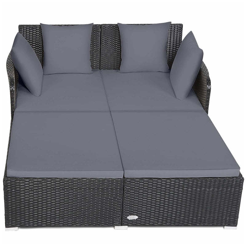 Patio Rattan Daybed Wicker Outdoor Double Chaise Lounge with Cushions & Pillows, Sectional Sofa Double Sun Lounger with Spacious Seat