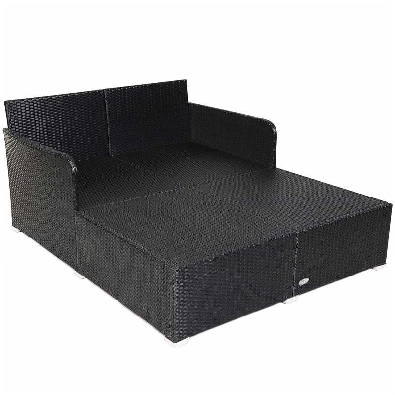 Patio Rattan Daybed Wicker Outdoor Double Chaise Lounge with Cushions & Pillows, Sectional Sofa Double Sun Lounger with Spacious Seat