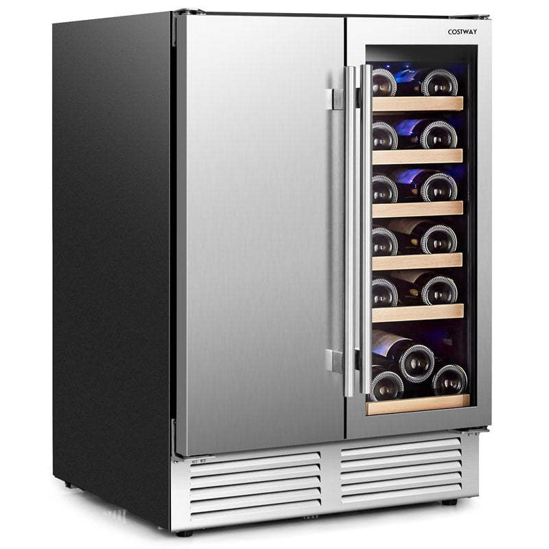 24" Dual Zone Undercounter Wine Beverage Cooler Refrigerator, Built-in Freestanding Wine Fridge for 19 Bottles & 57 Cans, Stainless Steel Door