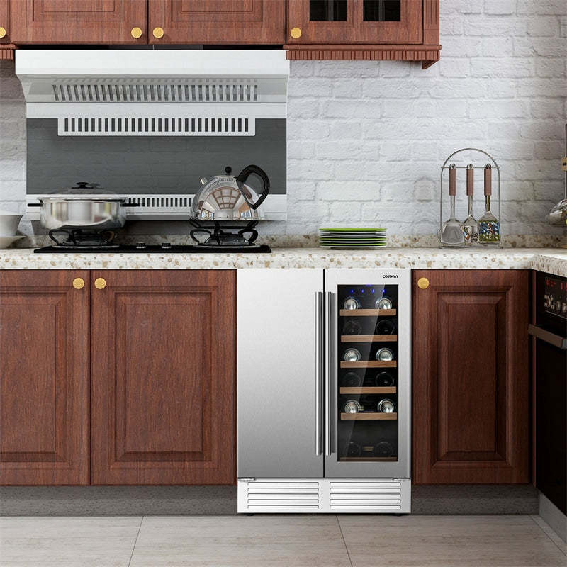 24" Dual Zone Undercounter Wine Beverage Cooler Refrigerator, Built-in Freestanding Wine Fridge for 19 Bottles & 57 Cans, Stainless Steel Door