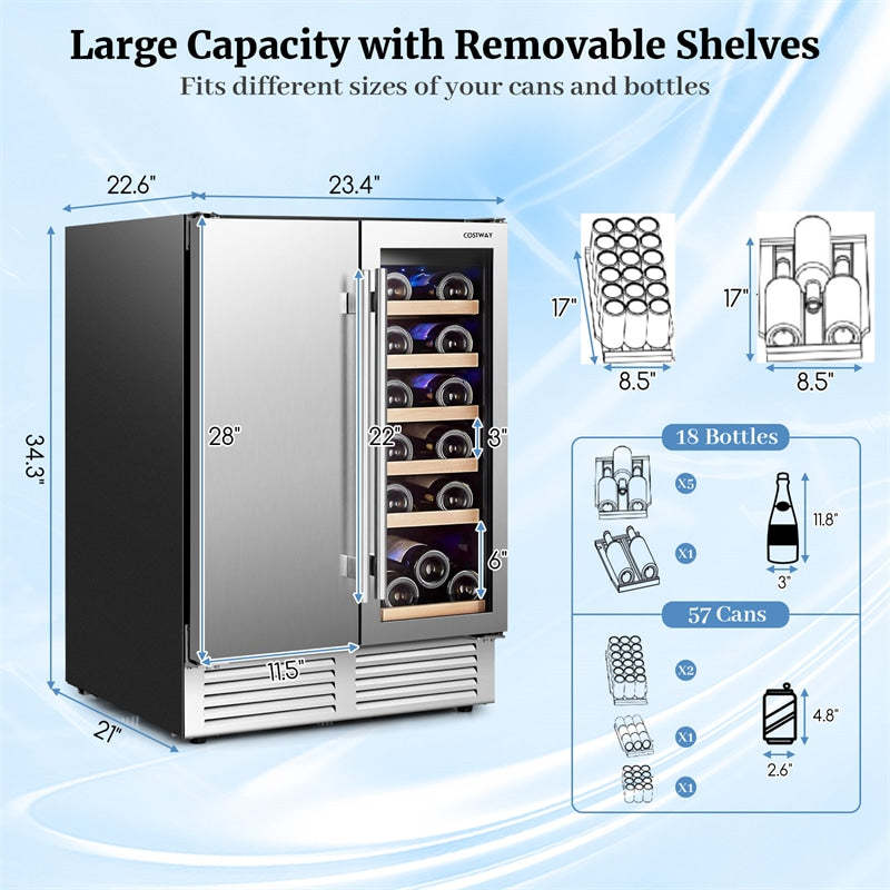 24" Dual Zone Undercounter Wine Beverage Cooler Refrigerator, Built-in Freestanding Wine Fridge for 19 Bottles & 57 Cans, Stainless Steel Door