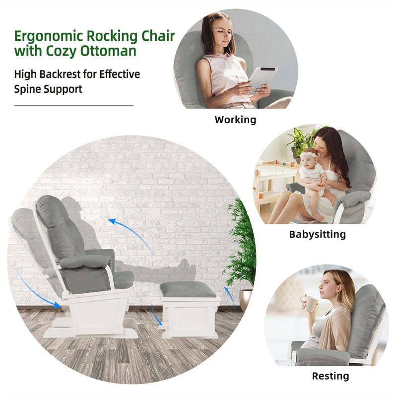 Nursery Glider & Ottoman Set, Wooden Upholstered Glider Rocker with Removable Padded Cushion, Rocking Chair for Napping, Nursing, Reading
