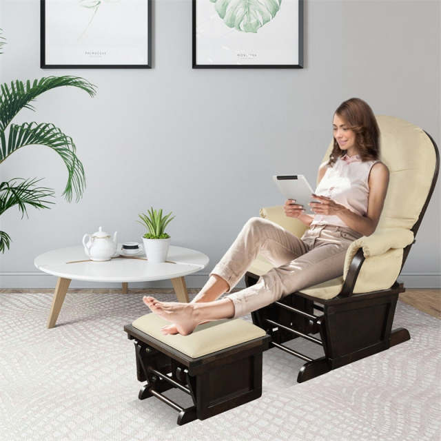 Nursery Glider & Ottoman Set, Wooden Upholstered Glider Rocker with Removable Padded Cushion, Rocking Chair for Napping, Nursing, Reading