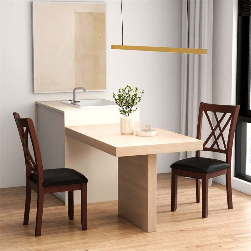 Wood Dining Chairs Set of 2, Faux Leather Upholstered Kitchen Chairs with Rubber Wood Legs, 355Lbs Capacity, Farmhouse Armless Chairs for Dining Room