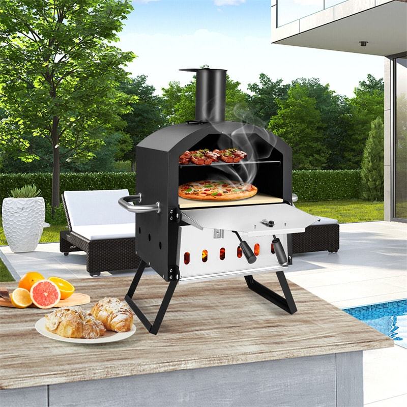 Outdoor 2-Layer Pizza Oven Wood Fired Pizza Oven with Waterproof Cover, Pizza Stone, Pizza Peel, Portable Pizza Maker Pizza Grill Oven for Camping BBQ