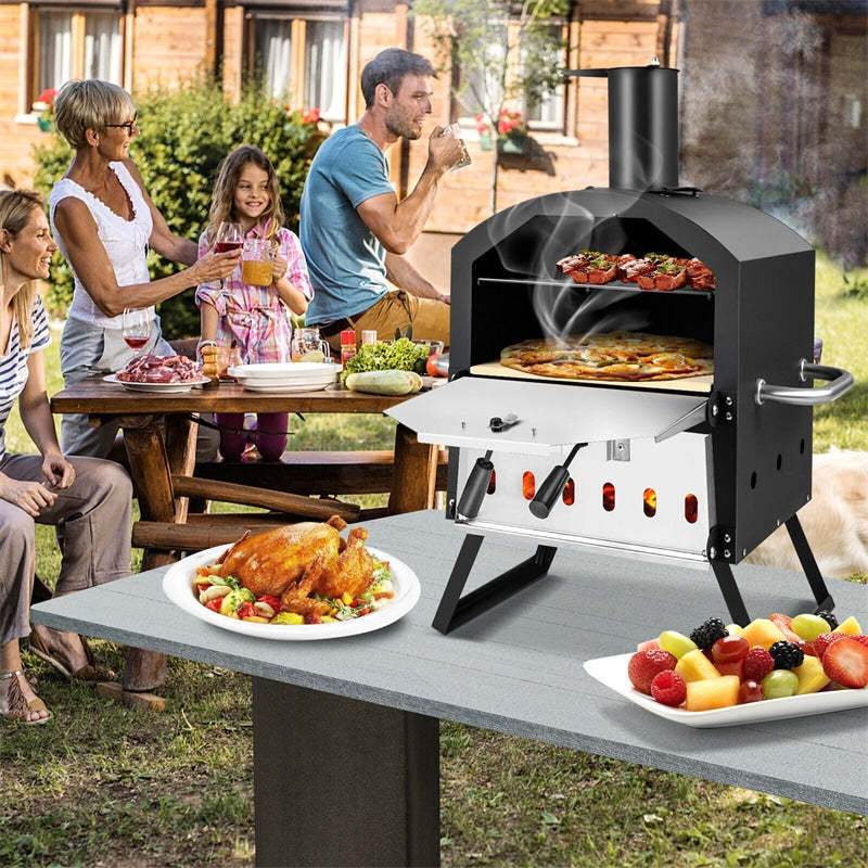 Outdoor 2-Layer Pizza Oven Wood Fired Pizza Oven with Waterproof Cover, Pizza Stone, Pizza Peel, Portable Pizza Maker Pizza Grill Oven for Camping BBQ