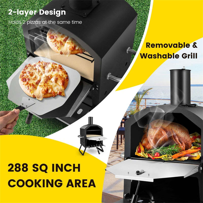 Outdoor 2-Layer Pizza Oven Wood Fired Pizza Oven with Waterproof Cover, Pizza Stone, Pizza Peel, Portable Pizza Maker Pizza Grill Oven for Camping BBQ