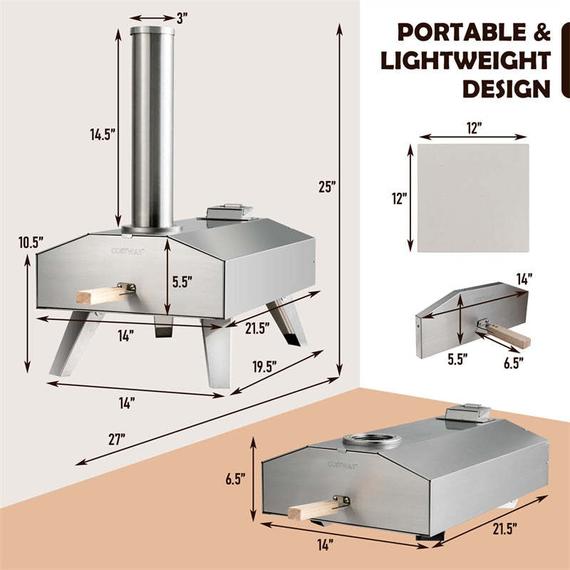 Outdoor Pizza Oven, Stainless Steel Wood Pellet Pizza Oven with 12" Pizza Stone & Foldable Legs, Wood Fired Pizza Maker for Patio Cooking BBQ Camping