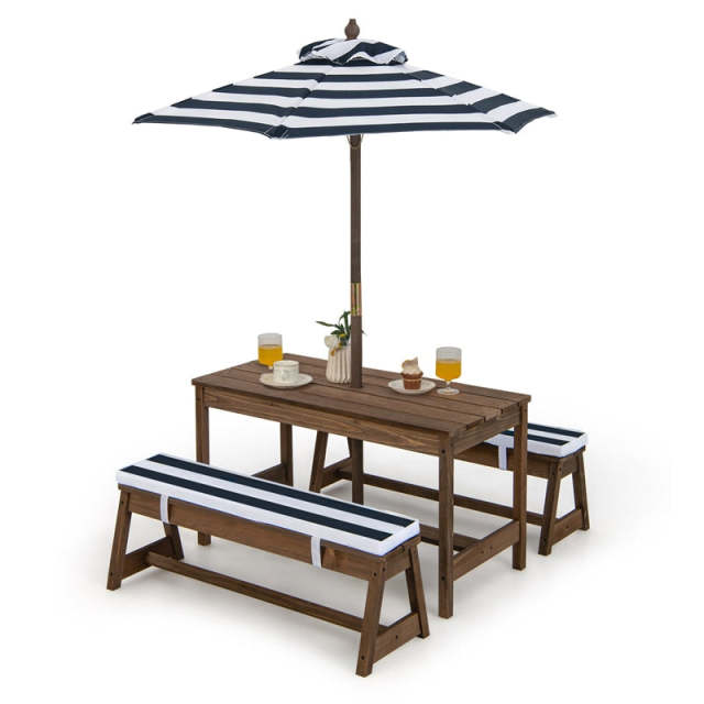 Kids Wooden Picnic Table with Benches, Adjustable Umbrella & Removable Cushion, Outdoor Toddler Furniture Set for Patio Garden Backyard, Ages 3+