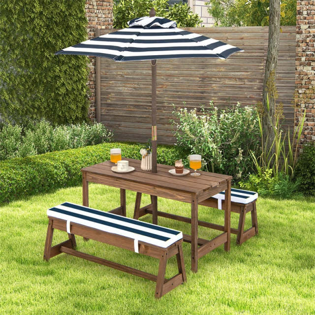 Kids Wooden Picnic Table with Benches, Adjustable Umbrella & Removable Cushion, Outdoor Toddler Furniture Set for Patio Garden Backyard, Ages 3+