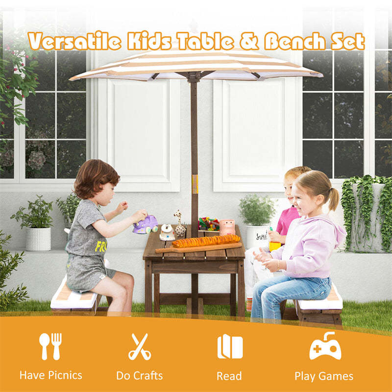 Kids Wooden Picnic Table with Benches, Adjustable Umbrella & Removable Cushion, Outdoor Toddler Furniture Set for Patio Garden Backyard, Ages 3+