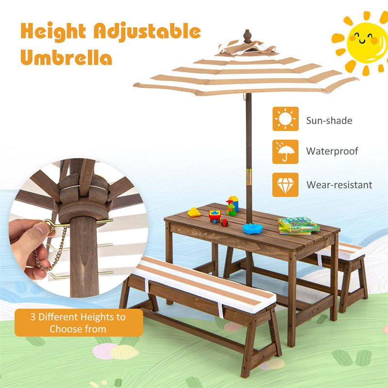 Kids Wooden Picnic Table with Benches, Adjustable Umbrella & Removable Cushion, Outdoor Toddler Furniture Set for Patio Garden Backyard, Ages 3+