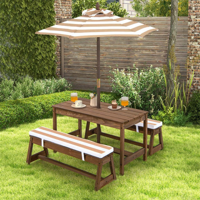 Kids Wooden Picnic Table with Benches, Adjustable Umbrella & Removable Cushion, Outdoor Toddler Furniture Set for Patio Garden Backyard, Ages 3+