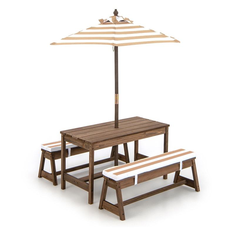Kids Wooden Picnic Table with Benches, Adjustable Umbrella & Removable Cushion, Outdoor Toddler Furniture Set for Patio Garden Backyard, Ages 3+