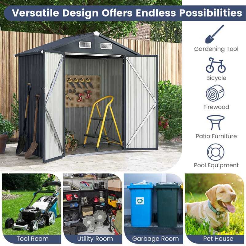 6.3' x 3.5' Outdoor Metal Storage Shed, Galvanized Steel Utility Tool Storage House Waterproof Garden Shed with 4 Vents Lockable Doors