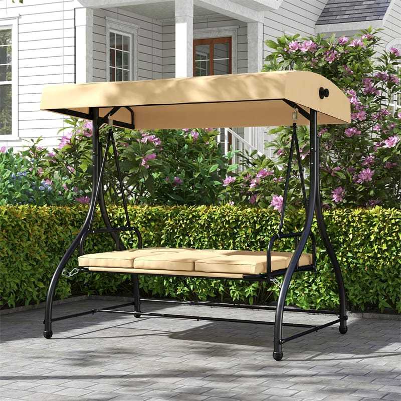 2-in-1 Convertible Patio Swing with Adjustable Canopy & Removable Cushions, Steel Frame 3-Person Outdoor Swing Bed for Deck/Backyard/Garden
