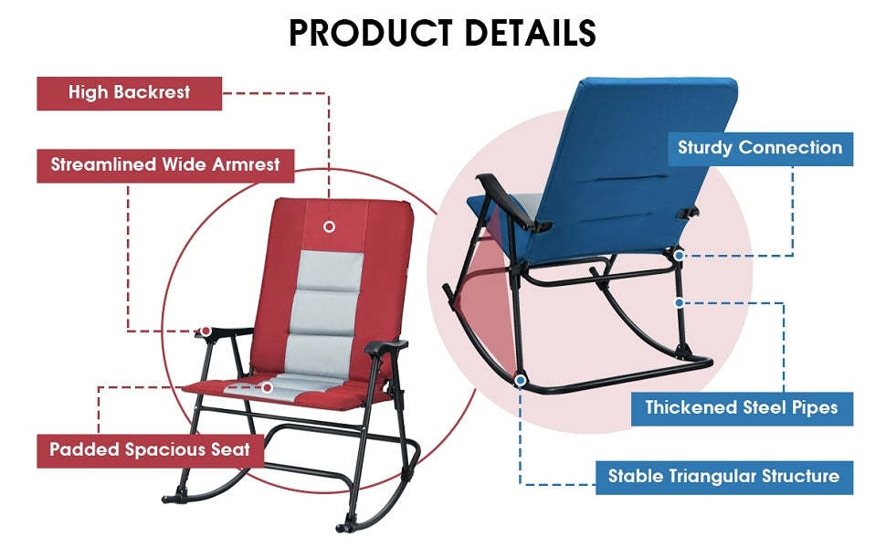 Bestoutdor Folding Rocking Chair Oversized Rocking Camping Chair Portable Lawn Chair with Padded Seat, High Back & Armrest