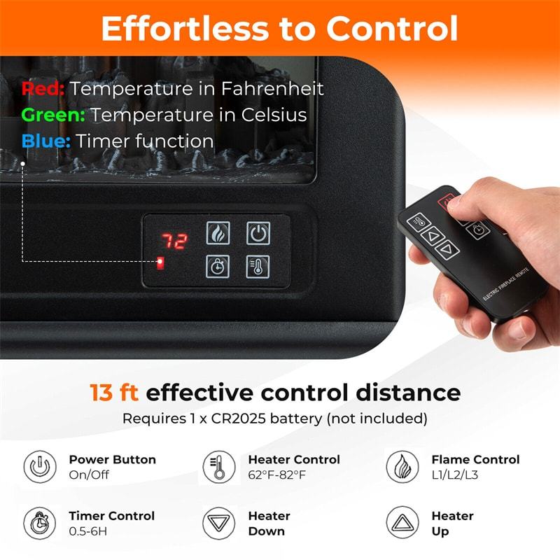23” Electric Fireplace Stove Infrared Freestanding Fireplace Heater 1400W with Remote Control & 3-Level Dimmable Flame Effect