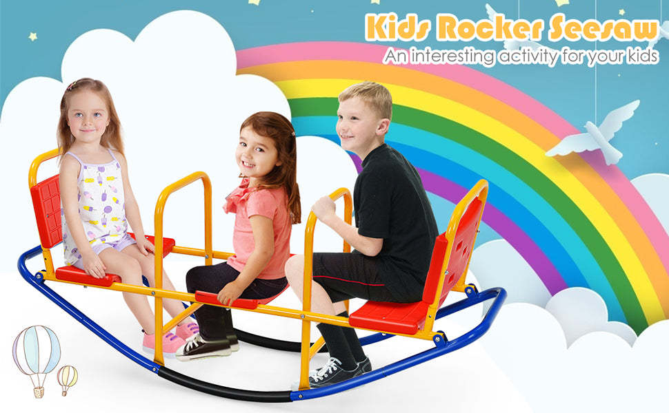 Kids Teeter Totters Indoor Outdoor Metal Rocking Seesaw with Handlebars & Backrest Seat for Boys Girls
